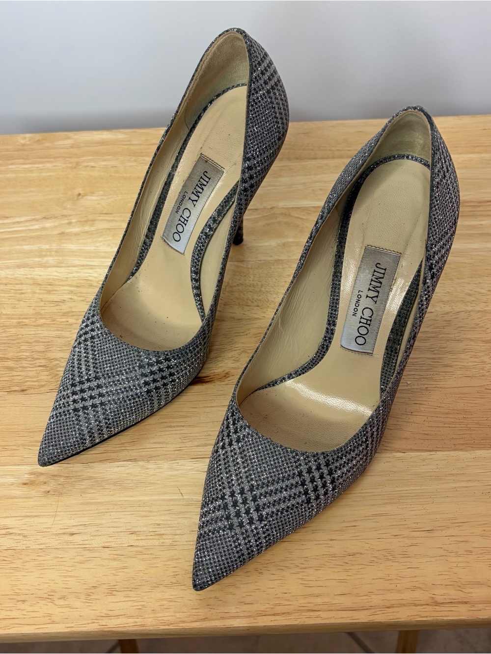 Jimmy Choo London Size 37 Gray Glitter Plaid Pointed Toe Stiletto Pumps Italy